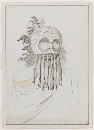 Un uomo delle Isole Sandwich con una maschera. Un uomo delle Isole Sandwich con una maschera costituita da un copricapo a ciotola con ritagli per gli occhi. da John Webber