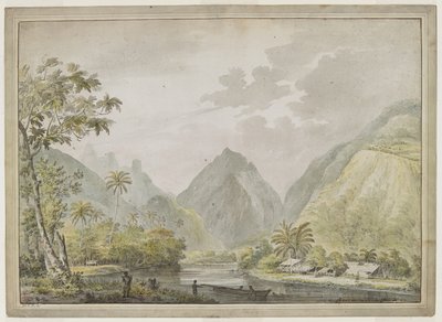 Vista del fiume Vaitepiha con due tahitiani in una canoa in primo piano e altri due sulla riva. Case tahitiane a destra. Agosto 1777 da John Webber