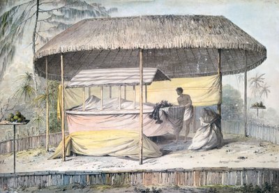 Funerale con defunto sotto baldacchino, Tahiti, Isole della Società, acquerello di John Webber dalla descrizione dell