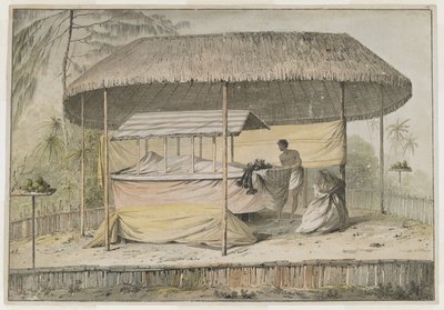 Waheiadooa, capo di Oheitepeha, in stato, registrato dal Capitano Cook durante la sua visita a Tahiti il 19 agosto 1777. Un palco funerario sostiene il cadavere avvolto e un assistente. Sono riparati da una tettoia di paglia e circondati da un basso p da John Webber