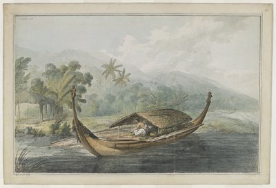 [Disegno intero] Una canoa di Ulietea [Raiatea]. Un uomo, con cesti nativi, siede sulle assi di un 