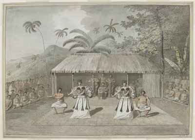 [Disegno completo] Una danza o heiva a Otaheite [Tahiti]. Due uomini e due donne che ballano, con tamburini dietro e spettatori ai lati. Settembre 1777 da John Webber
