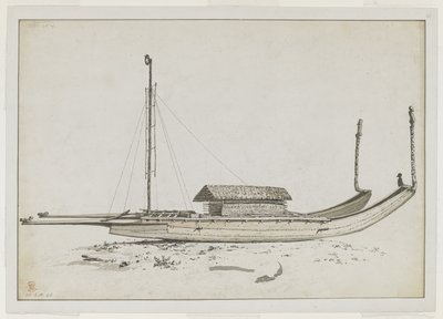 [Disegno intero] Una doppia canoa da viaggio di Otaheite [Tahiti], con intagli elaborati da John Webber