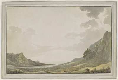 [Disegno completo]. Una vista dal porto di Aimeo [Baia di Papetoai], guardando verso il mare; gli alberi della 
