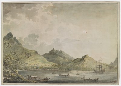 [Disegno completo]. Una vista del porto di Huahine [Fare Harbour] con montagne appuntite, incluso il Monte Turi, sullo sfondo. Nella baia c