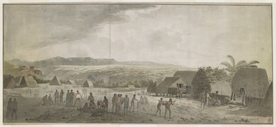 Disegno della visita del Capitano Cook al villaggio di Waimea, Atooi [Kauai], gennaio 1778. Alcuni uomini stanno rotolando barili, altri barattano con gli hawaiani. A destra, due nativi portano un maiale legato a un palo. Dietro di loro, capanne native da John Webber