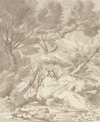 Figure su una riva rocciosa del fiume a Canonteign, Devon da John White Abbott