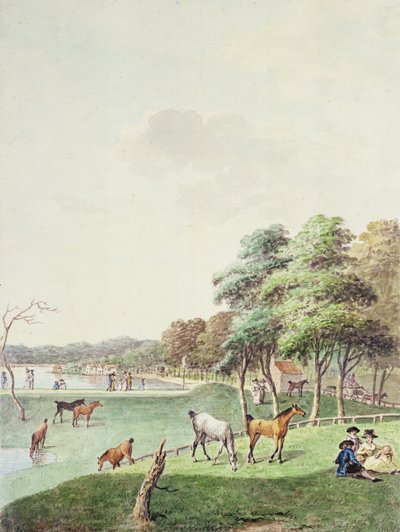 Estremità orientale del Serpentine e vista lontana della Casa dei Bagni, 1794 da John White Abbott