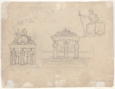 Studi di Facciate di Templi Classici e Figura Femminile Seduta [verso] da John William Casilear