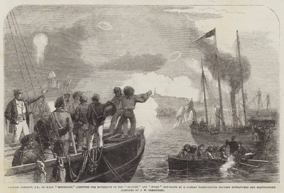 Il capitano Hewlett, CB, della HMS Edinburgh, dirige i movimenti delle cannoniere Snapper e Stork contro un tre ponti russo tra Gustafsvern e Bartholomew da John Wilson Carmichael