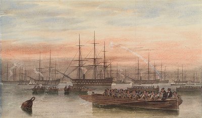 La flotta baltica di notte con barche in primo piano da John Wilson Carmichael
