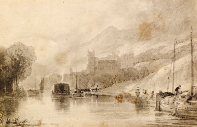 Scena fluviale con chiatte e castello in rovina da John Wilson Ewbank