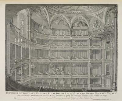 Interno del defunto Teatro Reale, Drury Lane, a Londra, costruito da Henry Holland, 1794, distrutto dal fuoco nel 1809, inciso da Dale, 1820 da John Winston