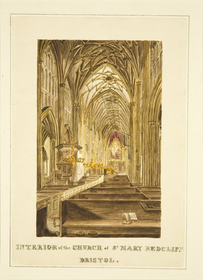 Vista della navata centrale di St Mary Redcliffe, vista verso est, con l