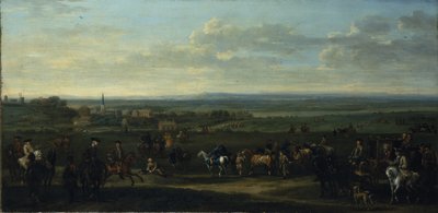 Veduta del vecchio Newmarket con figure e cavalli sull