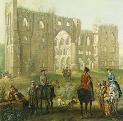 Cavalieri che si fermano presso le rovine dell