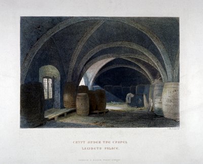 Cripta piena di barili sotto la cappella del Lambeth Palace, Londra, 1851 da John Wykeham Archer