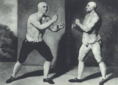 Primi pugili britannici a mani nude, John Broughton (sinistra) e George Stevenson combattono nel 1741: Broughton inventò il guantone da boxe da John Young