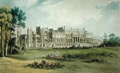 Eaton Hall, ovest del fronte del giardino, da Ackermanns Repository of Arts, pubblicato c.1826 da John after Gendall