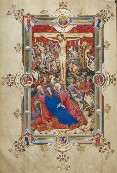 La crocifissione, introducendo il Canone della Messa. Cristo sulla croce, affiancato da ladroni, Vergine svenuta sostenuta da donne e San Giovanni, Maddalena ai piedi della croce. Folla di spettatori a cavallo in abiti contemporanei, incluso Longino, con a da John and Siferwas John (fl. 1380–1421 Whas