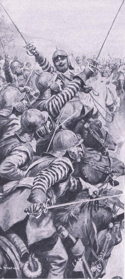 Scontro di cavalleria alla battaglia di Edgehill, 23 ottobre 1642, illustrazione da British Battles on Land and Sea, 1915 da John de Walton