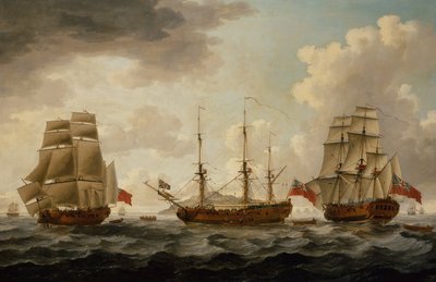 H.M.S. Tyrall in tre posizioni al largo di Antigua da John the Younger Cleveley