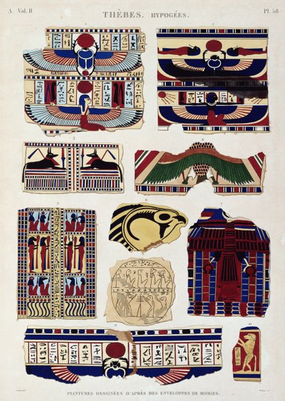 Illustrazioni di disegni dipinti dalle bende delle mummie, Ipogei, Tebe, tavola 58 dal Vol II di 
