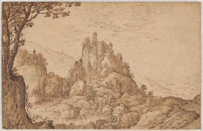 Un castello su una rupe in un paesaggio montuoso da Joos de Momper II