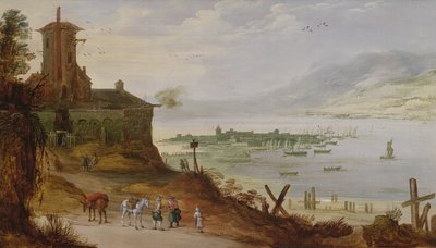 Città collinare che domina un porto da Joos or Josse de Momper