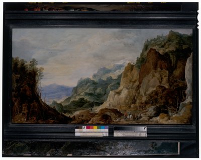 Paesaggio montuoso panoramico con viandanti che danno ai poveri, cavalli da soma oltre da Joos or Josse de The Younger Momper