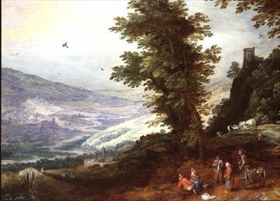 Paesaggio esteso con contadini da Joos or Josse de The Younger Momper