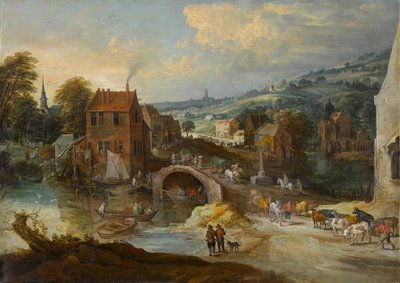 Paesaggio di villaggio con un ponte da Joos or Josse de The Younger Momper