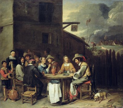 Compagni che festeggiano davanti a una taverna da Joos van Craesbeeck
