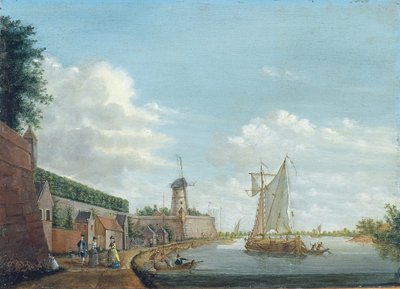 Un Paesaggio Fluviale con Eleganti Cittadini che Passeggiano vicino a un Muro della Città, c.1776 da Jordanus Hoorn