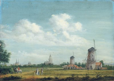 Veduta di Arnhem con la St. Walburgskerk a sinistra e la Grote Kerk a destra, eleganti cittadini che passeggiano nelle vicinanze, 1776 da Jordanus Hoorn