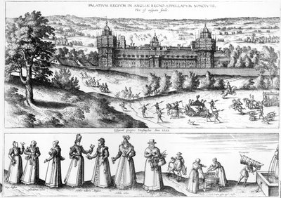 Arrivo della regina Elisabetta I al palazzo di Nonesuch e uomini e donne della società Tudor, 1582 da Joris Hoefnagel
