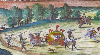 Arrivo della Regina Elisabetta I al Palazzo di Nonesuch con i suoi cortigiani, guardie e cani, 1598 (dettaglio) da Joris Hoefnagel