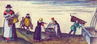 Contadini che vanno al mercato, pescivendole che vendono lucci e un apprendista che prende acqua da una fontana, 1598 (dettaglio) da Joris Hoefnagel