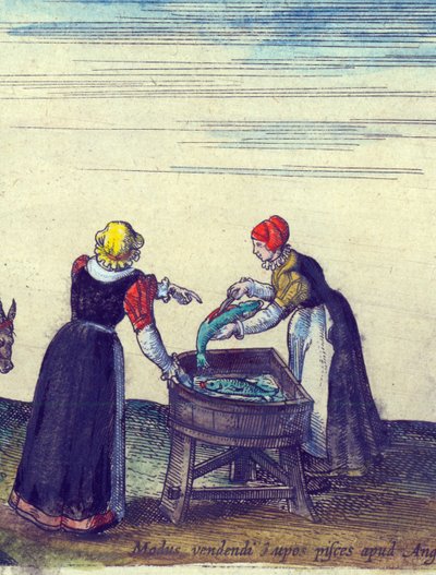 Pescivendole che vendono e puliscono lucci, 1598 (dettaglio) da Joris Hoefnagel