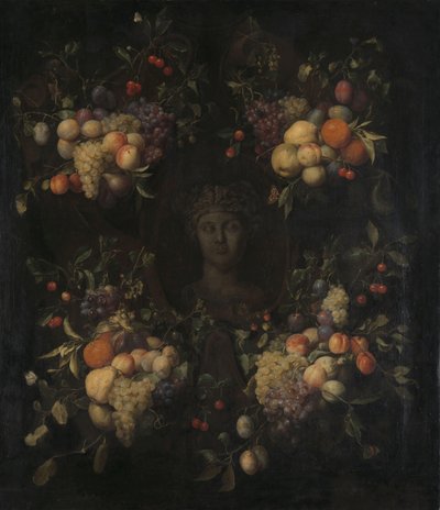 Testa scolpita simulata di una donna in un cartiglio decorato con festoni di frutta da Joris van Son