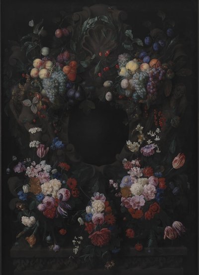 Cartiglio di pietra con ghirlanda di frutta e fiori da Joris van Son