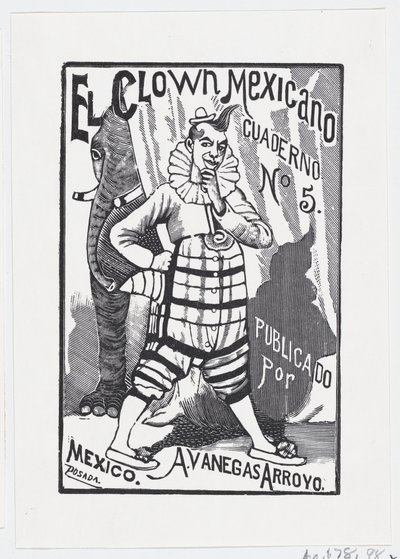 Un clown in piedi con una mano sul fianco e un elefante che sbircia da dietro da José Guadalupe Posada