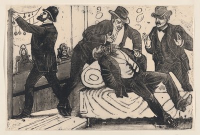 Un uomo che pugnala un altro uomo al petto mentre i suoi complici saccheggiano un negozio, ca. 1890-1891 da José Guadalupe Posada