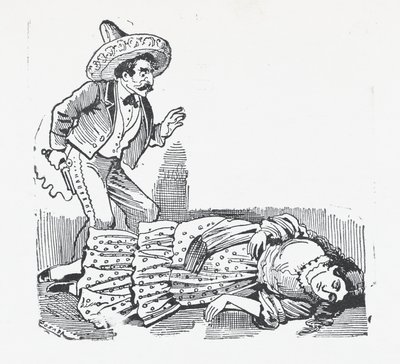 Un uomo con una pistola in piedi sopra una donna che ha appena sparato, ca. 1880-1910 da José Guadalupe Posada
