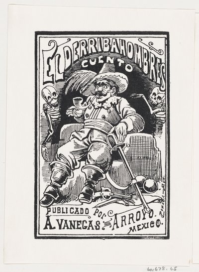 Un uomo con armi e una pipa in bocca affiancato da due scheletri, illustrazione, ca. 1880-1910 da José Guadalupe Posada