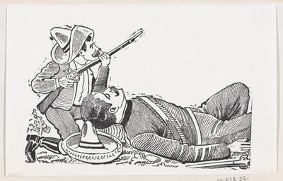 Un rivoluzionario che tiene un fucile e si inginocchia per proteggere un rivoluzionario caduto, c. 1880-1910 da José Guadalupe Posada