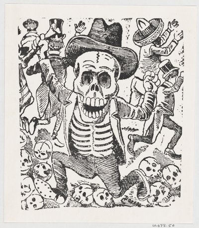 Uno scheletro che tiene un osso e salta su un mucchio di teschi mentre la gente fugge, ca. 1907 da José Guadalupe Posada