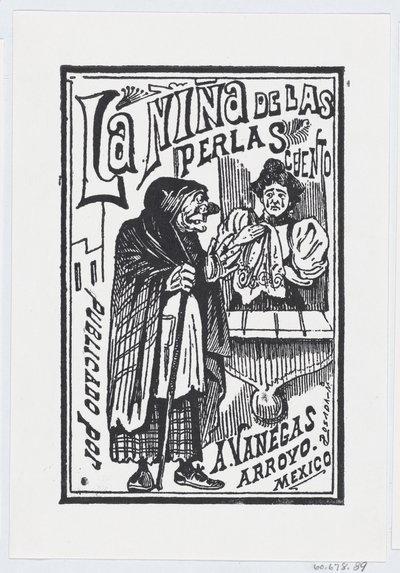Una donna che piange con un fazzoletto in mano parlando con una vecchia strega, illustrazione da José Guadalupe Posada