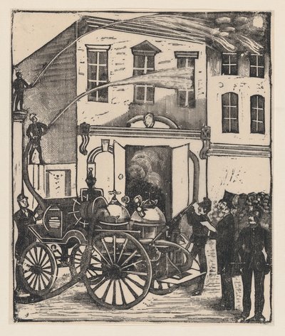 Vigili del fuoco che spengono un incendio in una casa, autopompa in primo piano, ca. 1880-1910 da José Guadalupe Posada