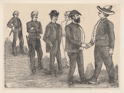Due uomini che si stringono la mano in primo piano e ufficiali che li osservano sullo sfondo da José Guadalupe Posada